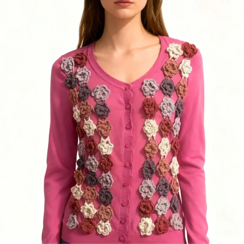Upcycled  Pink Cardigan Crochet Floral Applique Medium - Picture 4 of 9